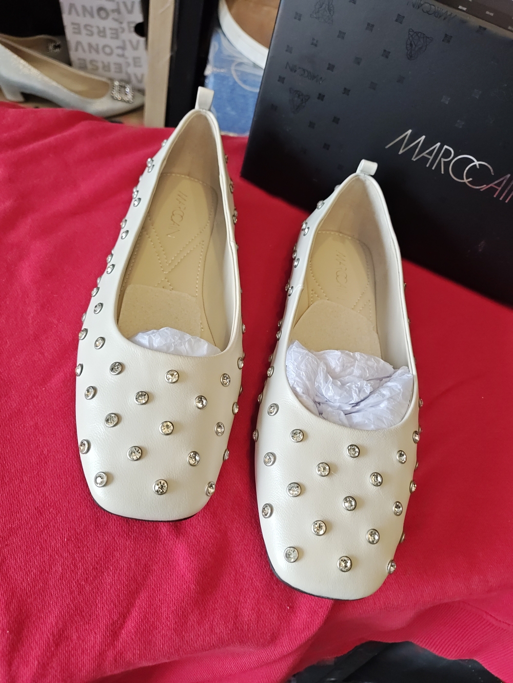 Marc Cain Cream Leather Stud-Embellished Ballet Flats